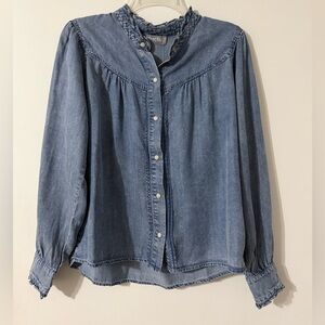 NWT Blue B Women's Chambray Ruffle Neck Long Sleeve Pearl Snap Shirt